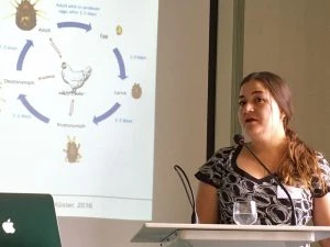 Dr Tati Kuester (Royal Veterinary College, London) telling the group about developing delivery systems for vaccines for laying hens