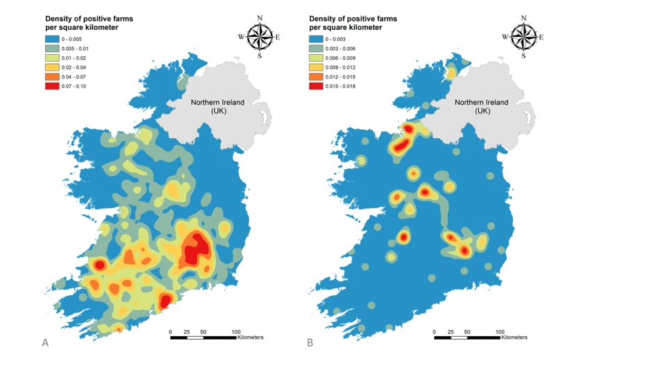 Fig. 2: Kernel density of co-infection with liver fluke and rumen fluke in Irish cattle (A) and sheep (B) (Fig. 4 from Naranjo-lucena et al. 2018, Parasites & vectors, 11(531), pp.1–13)