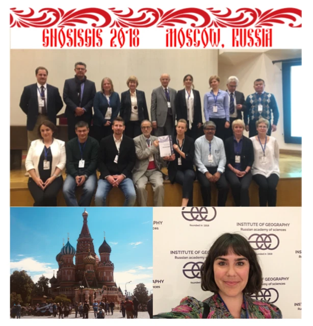 Fig. 3: Top: conference organisers and members of the International Society of Geospatial Health (GnosisGIS). Bottom left: St Basil’s Cathedral in Moscow. Bottom right: Amalia at the Institute of Geography photocall.